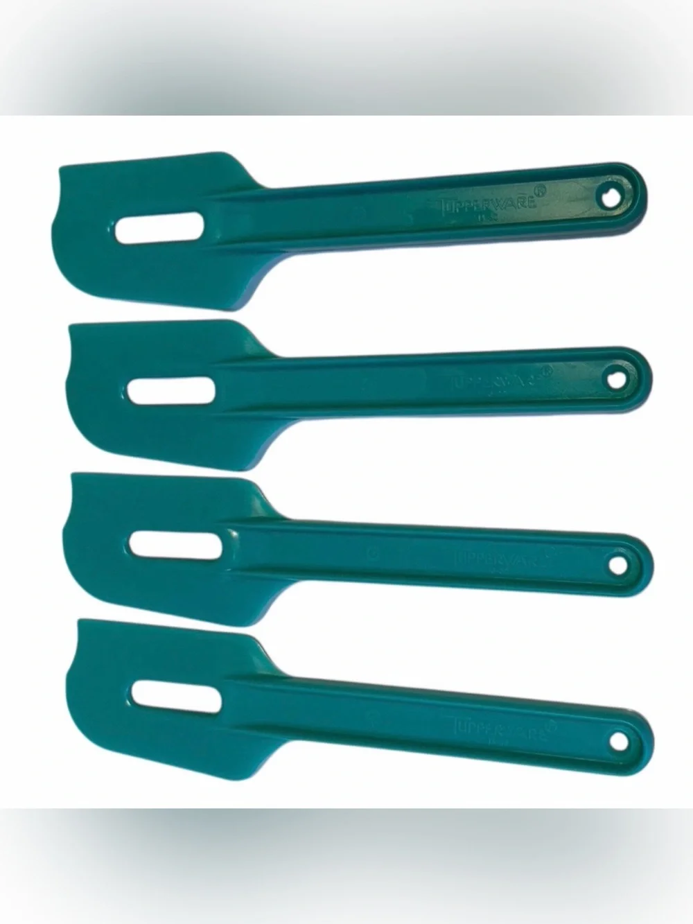 4 NEW 8” TUPPERWARE PEACOCK BLUE GREEN PADDLE HARD SPATULA SCRAPER CAKE BAKING